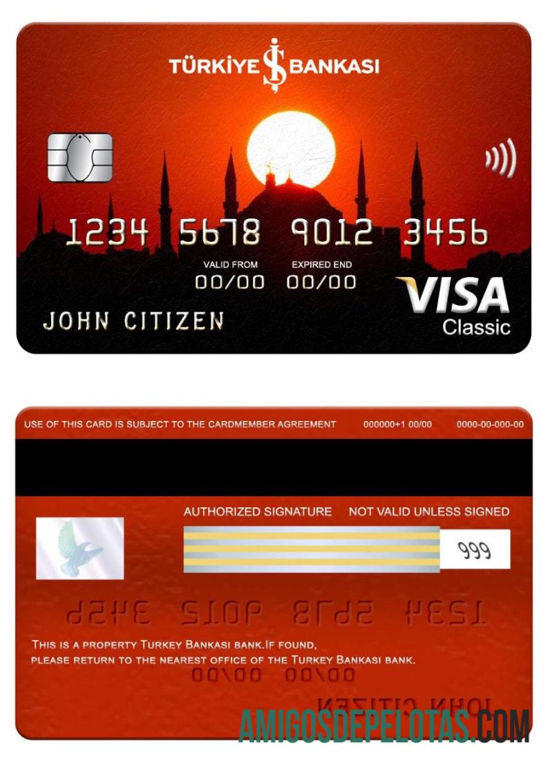 Cartão Visa Classic da Turquia Bankasi Bank exemplo real